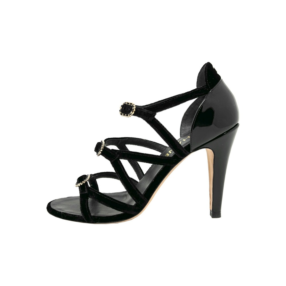 Chanel Black Velvet Patent Leather Strappy Heels CC Logo 37